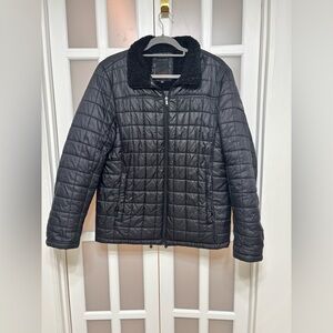 TUMI Quilted Puffer Jacket Black Sherpa Collar Zip Front M
